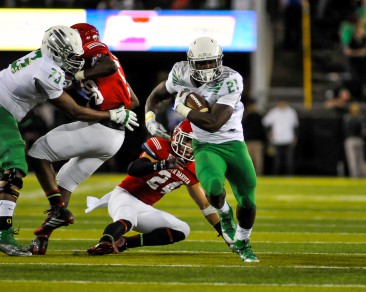 Royce Freeman had 75 yards and 2 touchdowns on just 10 carries in his first career game.