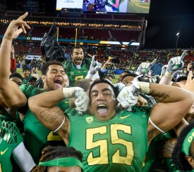 Tui Talia (55) was a junior college transfer that helped the Ducks defensive line depth last season.