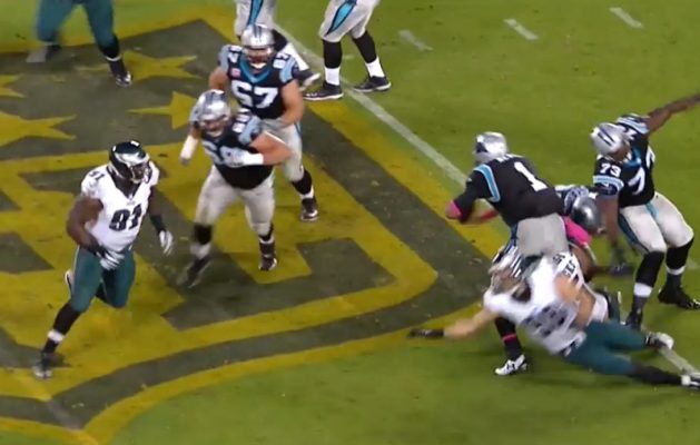 Cam Newton getting sacked by Mychal Kendricks